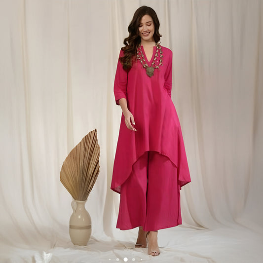 Elegant Fuchsia Asymmetric Kurta Set with Palazzo Pants