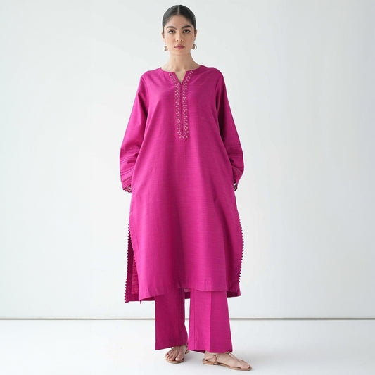 Fuchsia Embroidered Straight Kurta Set with Palazzo